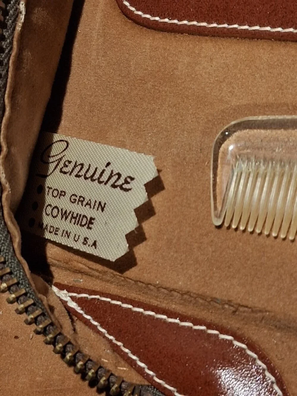 Leather Travel Kit  Zipper Case  Vintage 10 piece  Rust Brown  Lucite Silver VGC